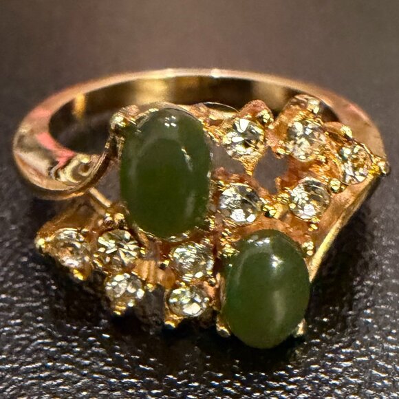 Vintage 18K Electroplated Ring • Genuine Jade & Austrian Crystals • Cocktail Sty - Picture 1 of 6